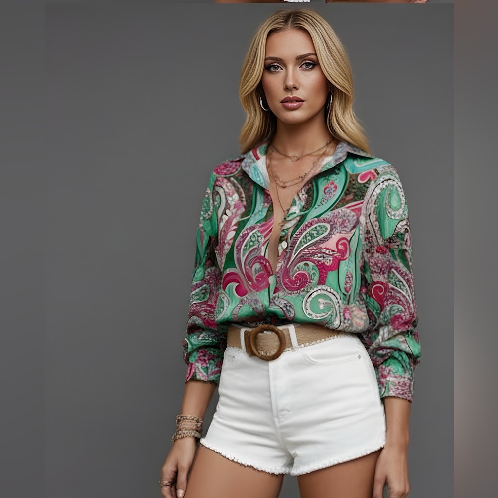 Paisley Print Single Breasted Drop Shoulder Shirt Green